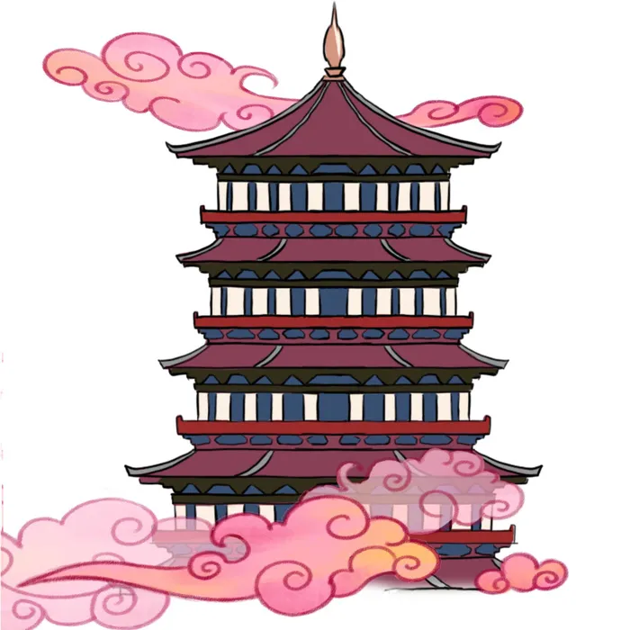 复古中国风国潮古建筑插画手绘高楼古塔PSD素材亭子png免抠图psd模版下载