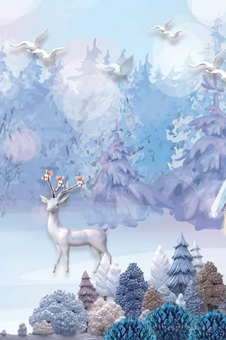 唯美树林山脉麋鹿风景画