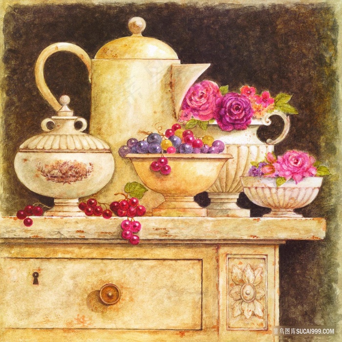酒壶水果花卉花瓶艺术油画