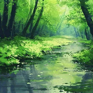 春天绿树成荫的树林里面小溪溪水飘着树叶和花瓣