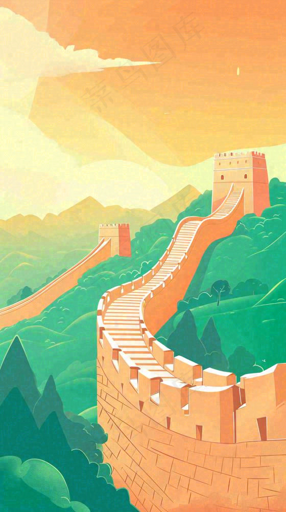 万里长城中国历史建筑扁平插画手绘，简约大气中国风(816x1456)