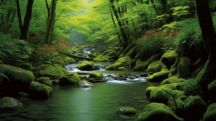 森林溪流小涧石头青苔摄影图(4368x2448)