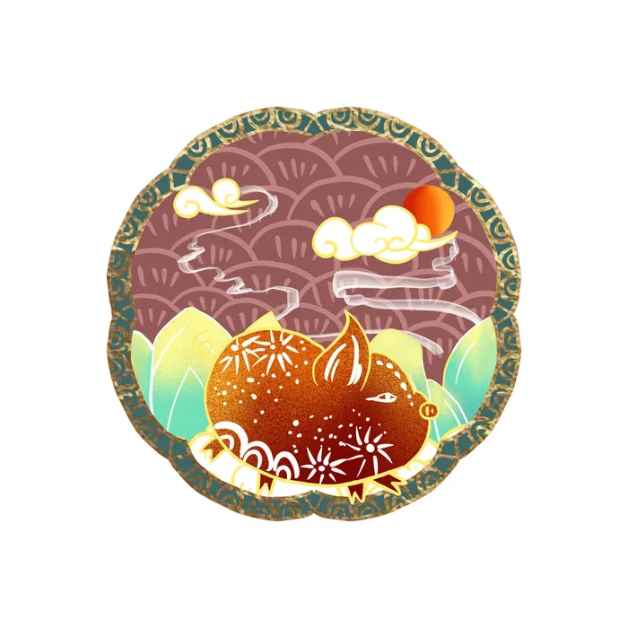 中国风国潮十二生肖猪手绘烫金插画春节剪纸元素PSD设计素材