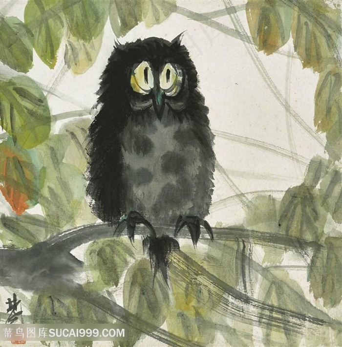 林风眠手绘猫头鹰树枝装饰画