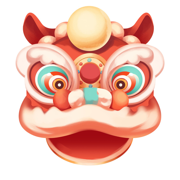 新年春节虎年元宵手绘人物舞狮卡通狮子头插画元素PSD设计素材