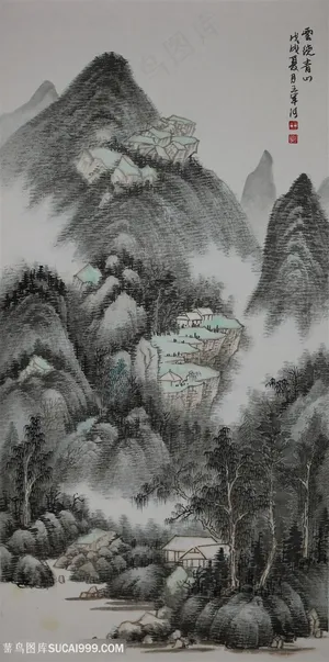 王军河工笔山水传统山水皴法国画《云绕青山》 王军河工笔山水传统山水皴法国画《云绕青山》