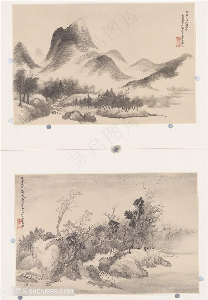 清代恽寿平仿古山水册宿雨晓烟图和古涧寒烟图国画图片