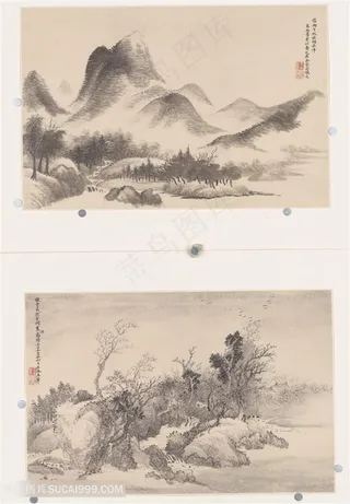 清代恽寿平仿古山水册宿雨晓烟图和古涧寒烟图国画图片