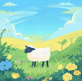 卡通手绘绿色春天草地鲜花花朵绵羊