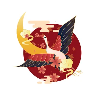 中国风国潮仙鹤山水插画手绘元素场景AI设计模板