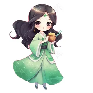 古装少女绿衣裙可爱插画免抠