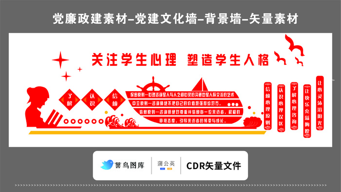 党建文化墙党建素材CDR预览图红色关注学生心理塑造学生人格