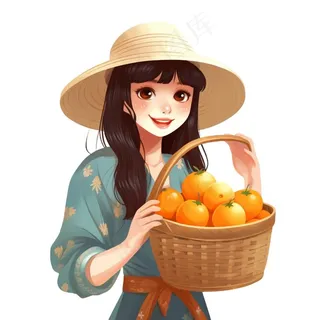 抱着一篮橘子的少女卡通插画免抠