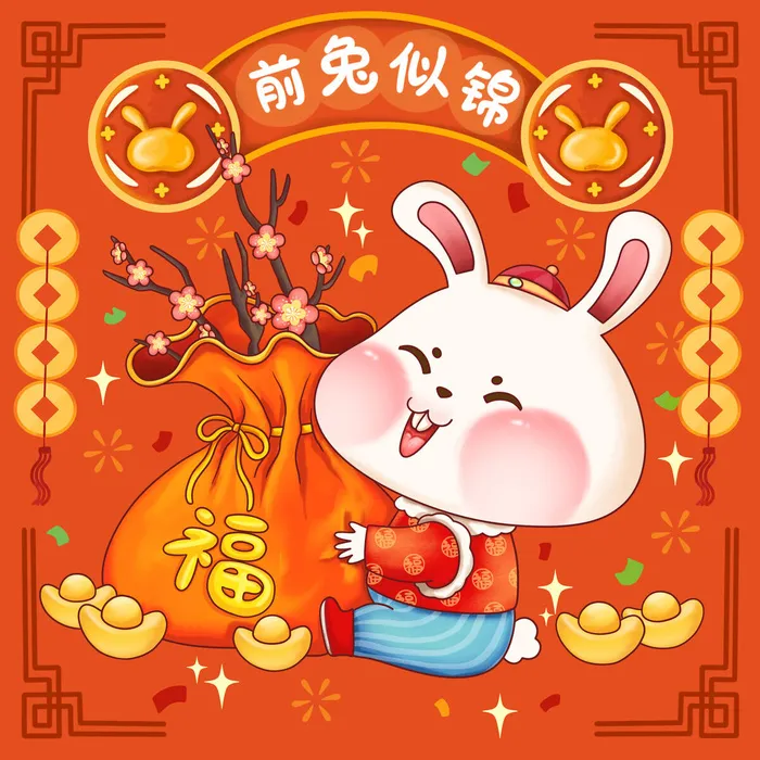 手绘2023兔年新年卡通兔子形象IP插画元素PSD设计素材png图案