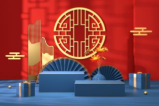 中国风古典喜庆C4D背景图3D国潮场景促销活动海报PSD设计素材模板