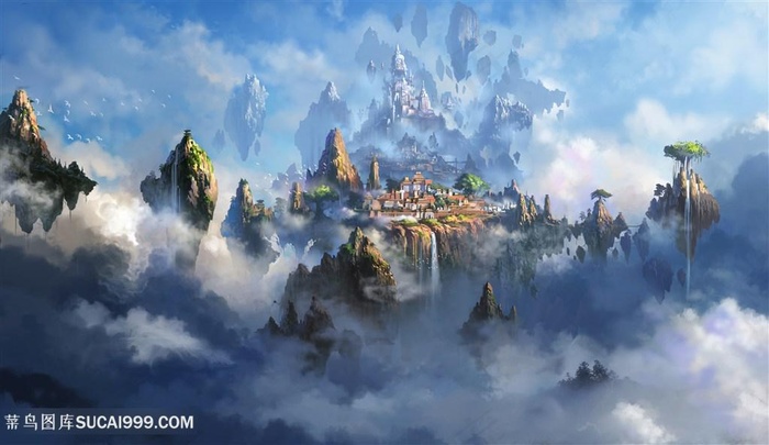 蓝色天空岛屿中国风CG原画图片