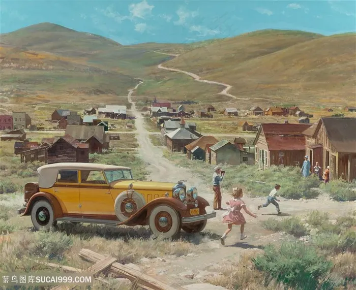 山脉道路高清唯美经典老爷车风景画