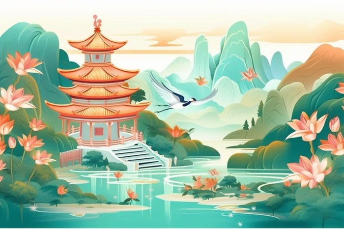 国风仙鹤黄蓝绿背景(1344x896)
