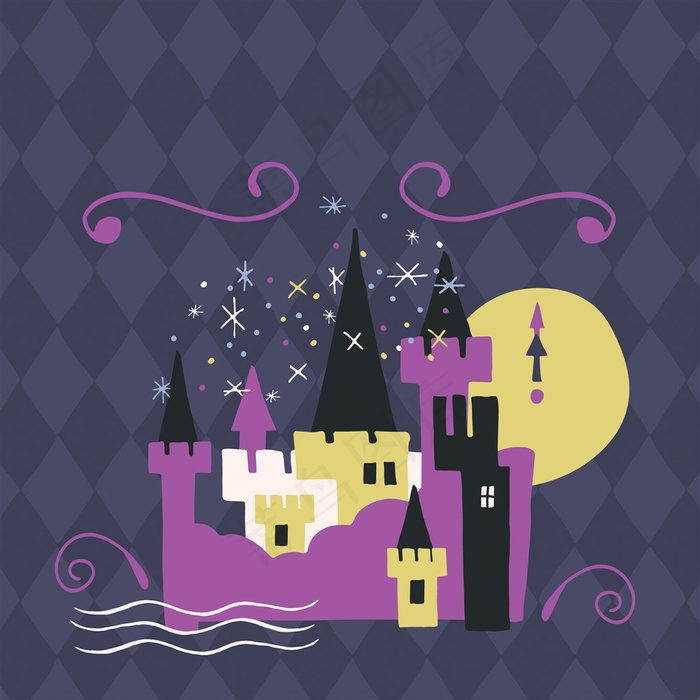 水彩暗夜古堡素材