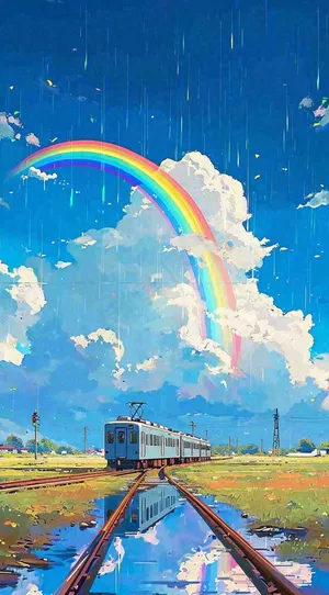 蓝天白云下草地河流高铁火车铁路手绘插画