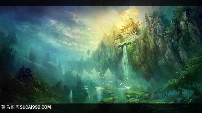 唯美古风中国风建筑物CG原画绘画图片