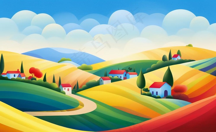 乡村村庄美丽风景河流插画农田插画背景(1408x864)