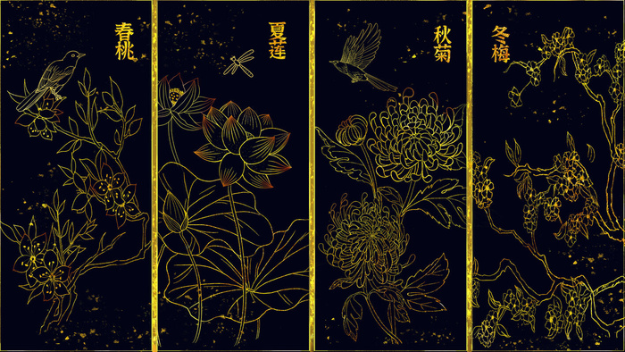 复古中国风国潮手绘烫金仙鹤锦鲤凤凰建筑黑金线描插画PS设计素材