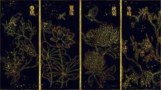 复古中国风国潮手绘烫金仙鹤锦鲤凤凰建筑黑金线描插画PS设计素材