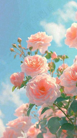 春天蓝天白云阳光下的粉色玫瑰花朵，谷雨立夏
