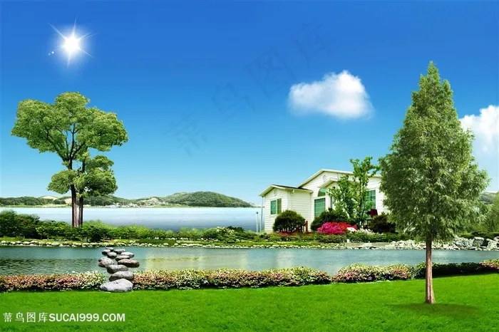 湖畔草地别墅韩式自然背景