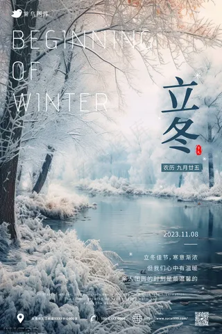 结冰湖面 清新风 立冬节气海报
