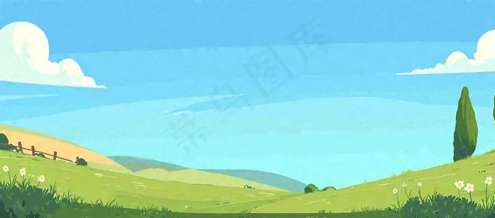 春天卡通扁平插画手绘蓝天绿色草地，春游，郊游，踏青(1632x720)