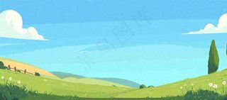 春天卡通扁平插画手绘蓝天绿色草地，春游，郊游，踏青