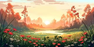 春天夕阳花丛草丛森林手绘插画海报素材背景