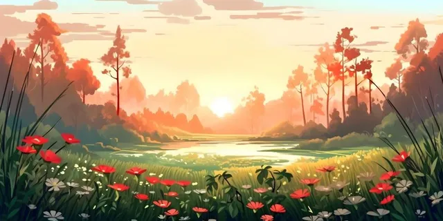 春天夕阳花丛草丛森林手绘插画海报素材背景 春天夕阳花丛草丛森林手绘插画海报素材背景