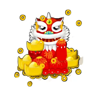 新年春节虎年元宵手绘人物舞狮卡通狮子头插画元素PSD设计素材