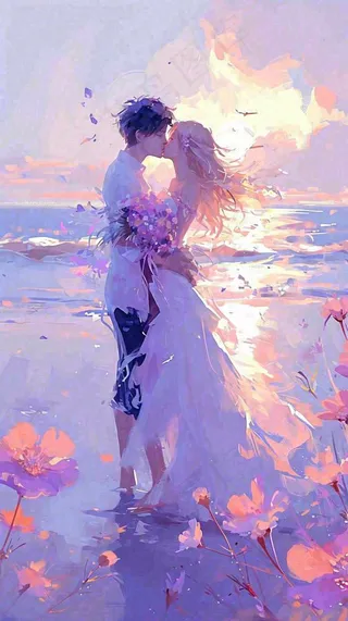 海边爱情情侣浪漫拥抱接吻，情人节婚纱照手绘插画