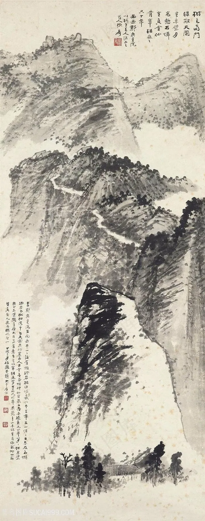 张大千手绘水墨山脉艺术挂画