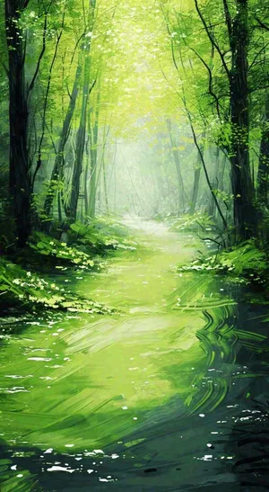 春天绿树成荫的树林里面小溪溪水飘着树叶