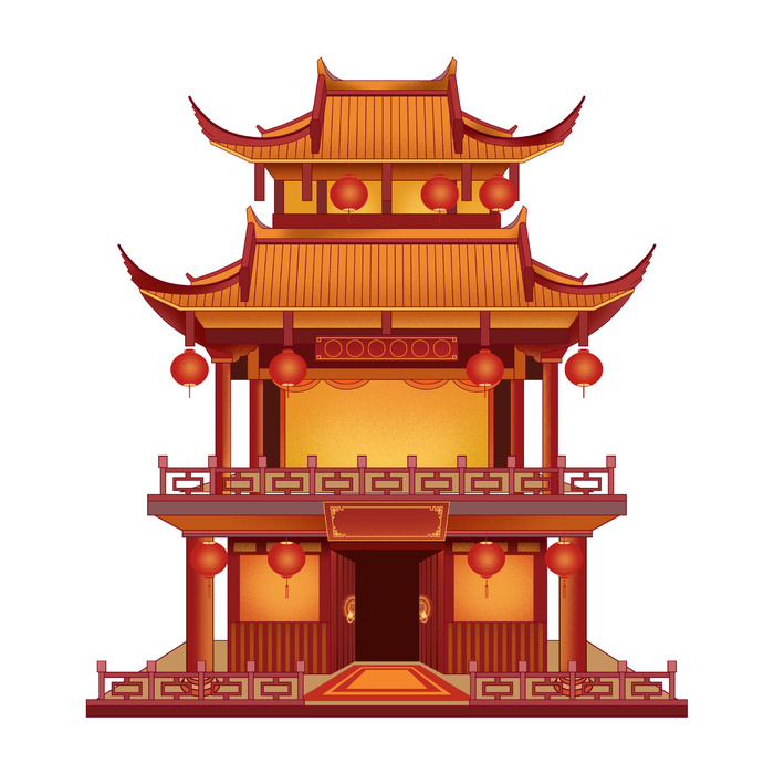 复古中国风国潮古建筑插画手绘高楼古塔PSD素材亭子png免抠图psd模版下载