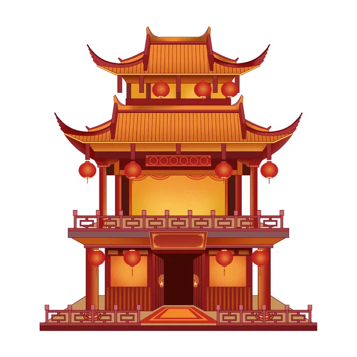 复古中国风国潮古建筑插画手绘高楼古塔PSD素材亭子png免抠图psd模版下载