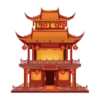 复古中国风国潮古建筑插画手绘高楼古塔PSD素材亭子png免抠图