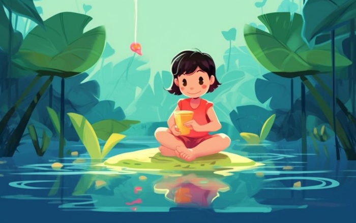 湖泊坐着睡莲上的人碧蓝插画背景(1376x864)