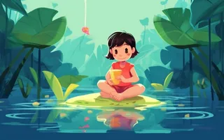 湖泊坐着睡莲上的人碧蓝插画背景