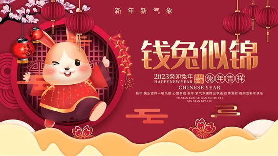 创意2023兔年新年春节展板