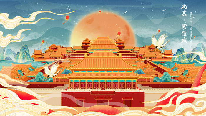中国风国潮古建筑地标城市古风建筑阁楼印象地标手绘插画PSD素材