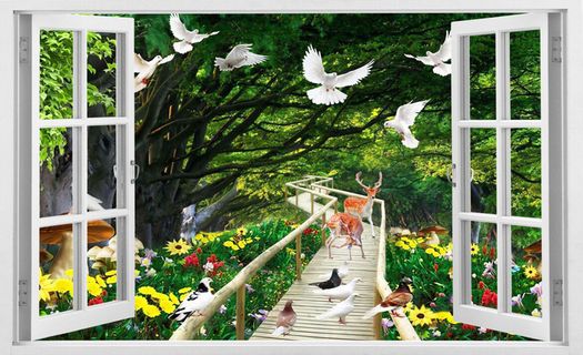外窗鸽子木桥绿林小鹿风景