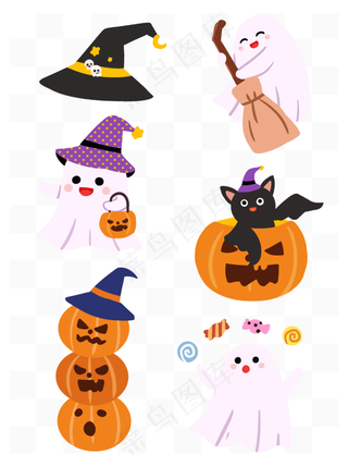 万圣节卡通手绘南瓜鬼扫把蝙蝠贴纸