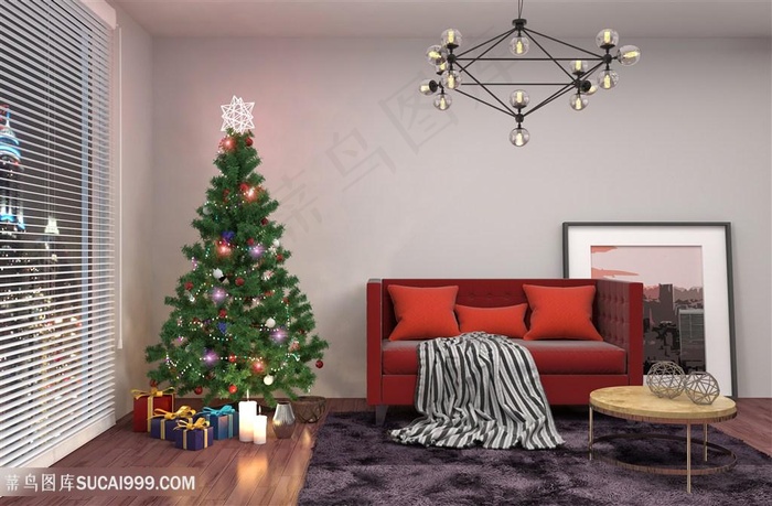 时尚家居装饰与圣诞树高清图片