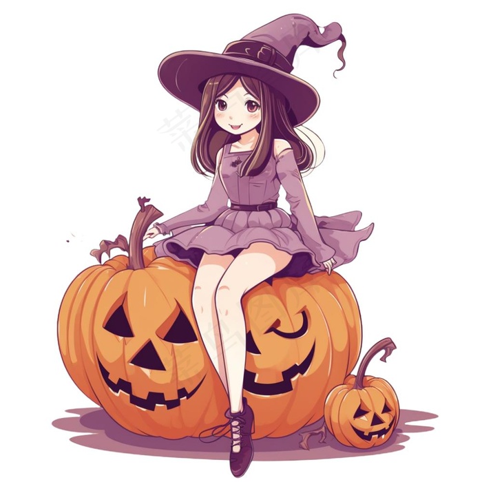 万圣节女巫南瓜灯捣蛋卡通插画免抠(1024x1024)
